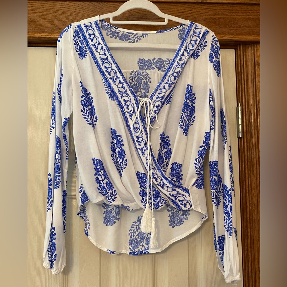 Womens Blue and White Women's Wrap Style Top Sz S
